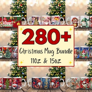 Op de afbeelding: Een verzameling kerstmokken met verschillende feestelijke ontwerpen, waaronder de kerstman, kerstbomen en ornamenten. De afbeelding bevat een banner met de tekst "280+ Christmas Mug Bundle 11oz & 15oz."