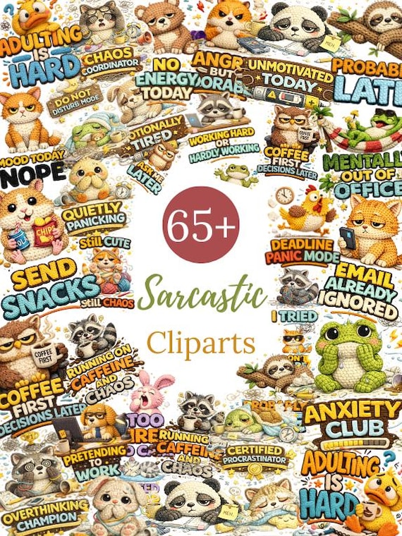 65 + Sarcastic Clipart Bundle, Snarky Quotes Clipart, Knitted Sarcastic Clipart, Funny Animal Saying Clipart PNG, Sarcasm Quotes Clipart SVG