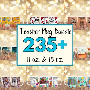 Op de afbeelding: Een verzameling mokken met een thema voor leraren met verschillende ontwerpen, waaronder regenbogen, appels en potloden. De mokken maken deel uit van een bundel met de tekst "Teacher Mug Bundle 235+" en maten van 312 ml en 444 ml.