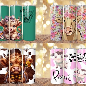 May include: A set of four stainless steel tumblers with various cow-themed designs. One features a cute calf with a bow, another a cow with floral accents, and two others with cow patterns and the word "Moo".