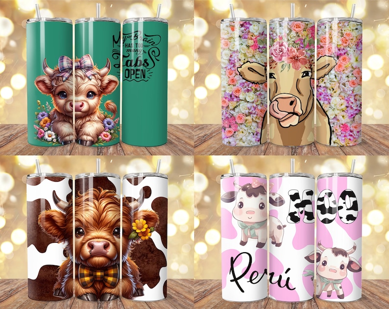 May include: A set of four stainless steel tumblers with various cow-themed designs. One features a cute calf with a bow, another a cow with floral accents, and two others with cow patterns and the word "Moo".