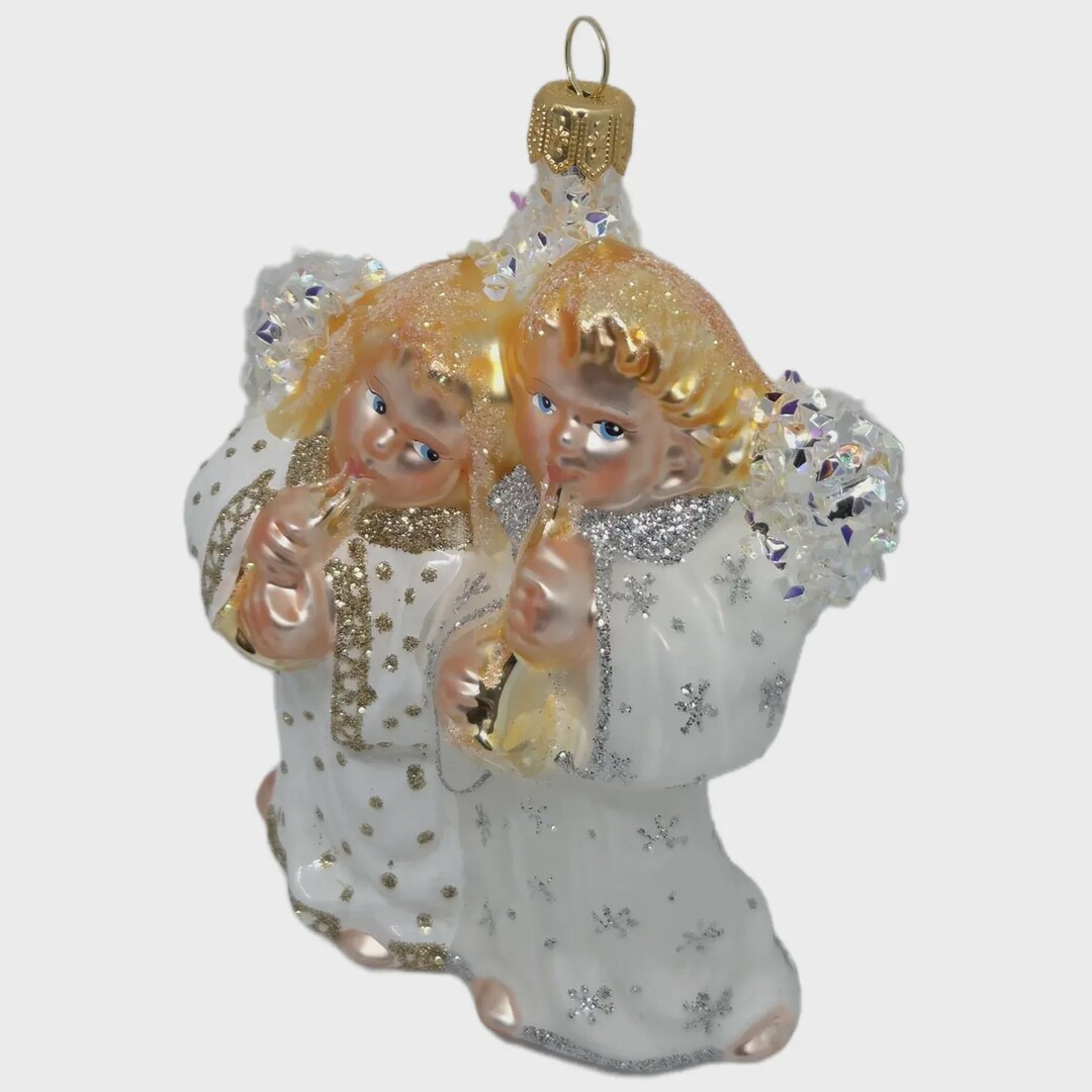 A Hand-painted Glass Bauble Depicting Angels Playing Flutes in White ...