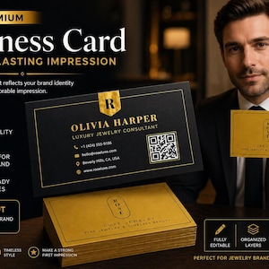 Puede incluir: Diseño de tarjeta de visita en negro y dorado con el texto «Olivia Harper, Luxury Jewelry Consultant» y un código QR. La imagen muestra una pila de tarjetas y una persona sosteniendo una tarjeta.