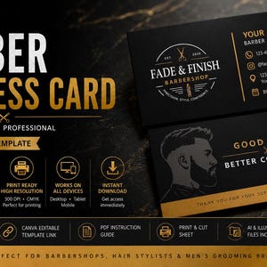 Puede incluir: Plantilla de tarjeta de visita de barbero en negro y dorado con el texto "Premium Barber Business Card". Incluye un logotipo, información de contacto y el texto "Good Cuts, Better Confidence".