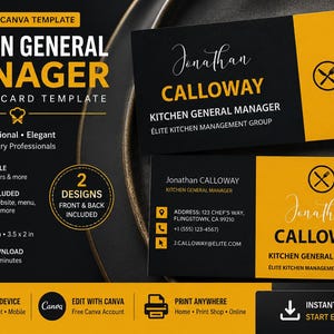 Puede incluir: Plantilla de tarjeta de visita en negro y amarillo para un Kitchen General Manager. La tarjeta presenta el texto "Kitchen General Manager" e información de contacto. El diseño incluye un icono de cuchillo y tenedor de chef y mide 8,9 x 5,1 cm.