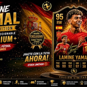 Puede incluir: Una tarjeta coleccionable premium con el futbolista Lamine Yamal con la camiseta roja de España. La tarjeta negra muestra una puntuación de 95, el nombre del jugador y estadísticas. Se presenta sobre una base dorada con otras tarjetas en fundas.