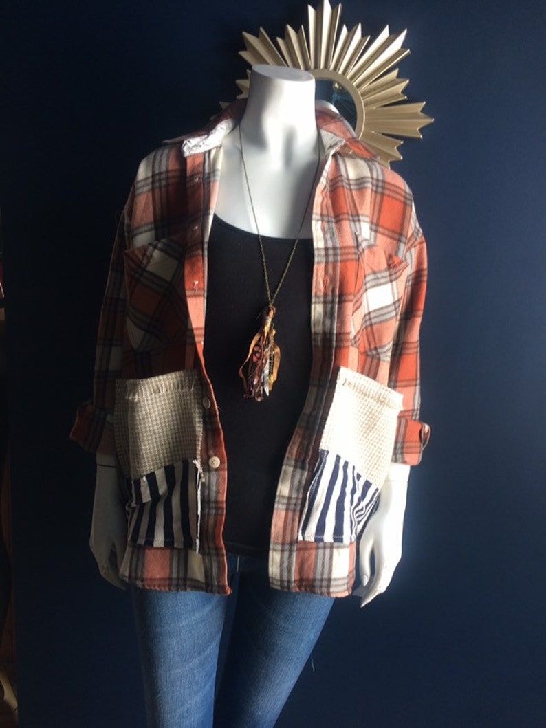 Boho Chic Up cycled Flannel-Repurposed Long Sleeve Shirt