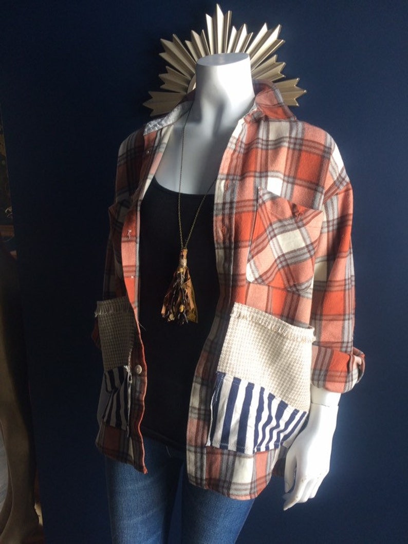 Boho Chic Up cycled Flannel-Repurposed Long Sleeve Shirt