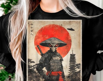 Funny Alien Samurai UFO Japanese Vintage Graphic Ukiyoe Art Sublimation PNG, Printable Art, Crafting Design, Dtf Design, Vector, Digital