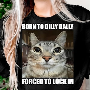 May include: Black sweatshirt with a centered image of a cat with the text "BORN TO DILLY DALLY" above the image and "FORCED TO LOCK IN" below. The cat has gray and brown fur.