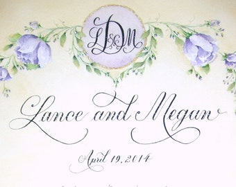 Handwritten Wedding Vows, Classic Calligraphy, Custom Designed Monogram & Watercolor Painting of Your Wedding Flowers