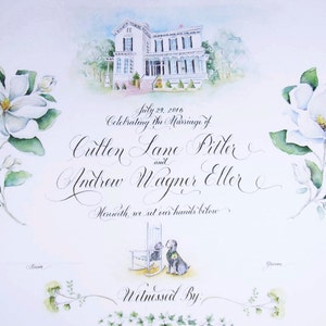 Marriage Certificate with Watercolor painting of venue and pets