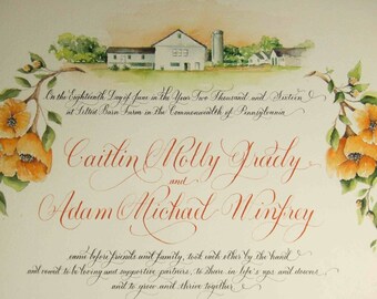 Quaker Marriage Certificate with Calligraphy and Painting of Venue and Wedding Flowers