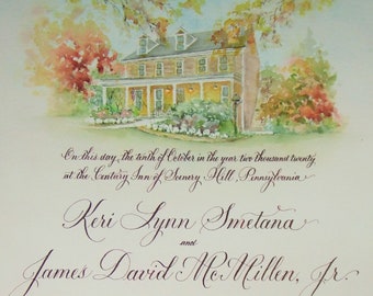 Marriage Certificate, Custom Painting of Wedding Venue and Flowers