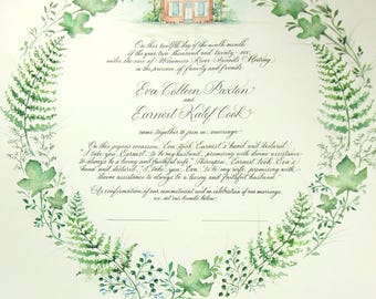 Quaker Wedding Certificate with Custom Art of Wedding Flowers or Meeting House