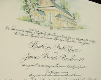 Quaker Marriage Certificate with Customized Art of your Meeting House or Home