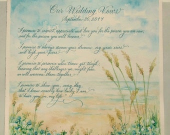 Wedding Vows wirtten in Calligraphy and customized with painting of your wedding venue and flowers