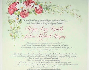 Marriage Certificate and Wedding Vows in Beautiful Calligraphy and Custom Watercolor Art