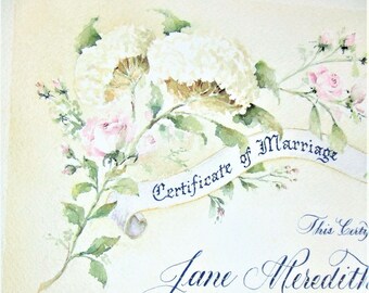 Custom Marriage Certificates with painting of wedding venue, flowers, church or house portrait.