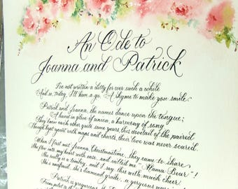 Your Poetry written in calligraphy with customized watercolor art