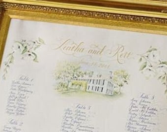 Wedding Seating Chart with Calligraphy and Watercolor Painting of Venue and Flowers
