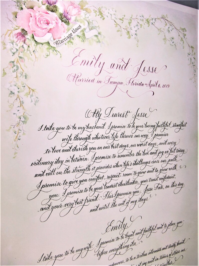 Calligraphy Wedding Vows With Watercolor Painting of Your