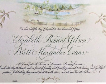 Custom Calligraphy Quaker Marriage Certificate with Venue Art