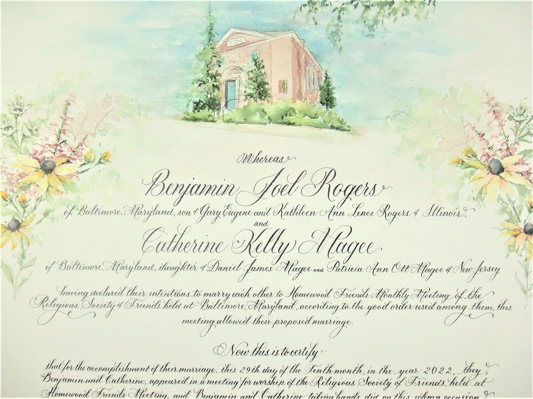 Quaker Marriage Certificate With Beautiful Calligraphy and Custom Art ...