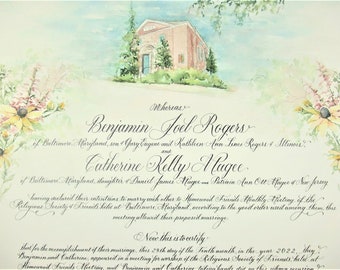Quaker Marriage Certificate with Custom Art of Meeting House and flowers.