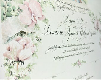 Marriage Certificate with Customized Watercolor Painting of Wedding Flowers