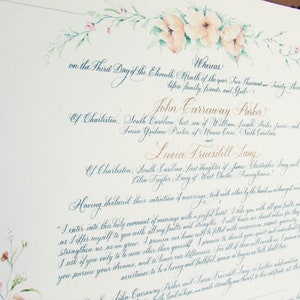 Quaker Marriage Certificates with Calligraphy and Custom Art of Wedding Flowers