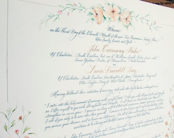Quaker Marriage Certificates with Calligraphy and Custom Art of Wedding Flowers