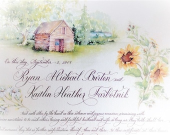Certificado de matrimonio resaltado con una pintura personalizada del sitio de su boda y flores