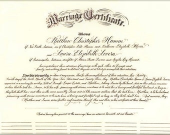 Traditional Quaker Marriage Certificate hand lettered with beautiful calligraphy