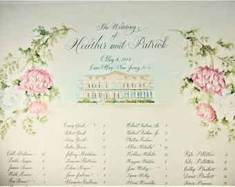 Wedding Seating Chart with Calligraphy and Watercolor Painting of Venue and Flowers