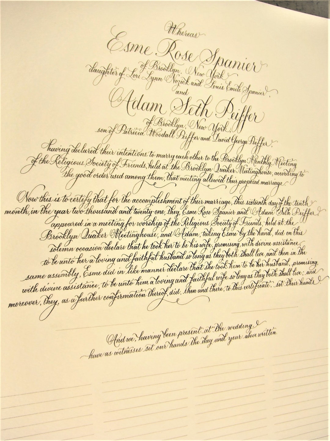 Traditional Quaker Marriage Certificate in Beautiful - Etsy