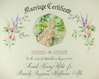 Marriage Certificate with Custom Painting of Your Wedding Site and flowers