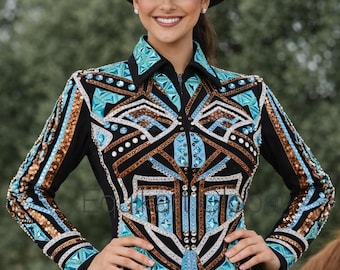 Turquoise Western Showmanship Jacket-Crystal Horsemanship Shirt-Rodeo Queen Outfit-Custom Western Pleasure Rail Coat-Equestrian Show Clothes