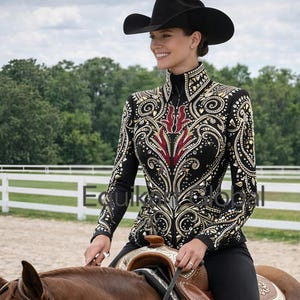 Black & Ruby Red Showmanship Jacket – Women’s Equestrian Horse Show Top with Intricate Crystal Scrollwork – Elite Western Pleasure Apparel