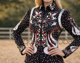 Zwart showjack | Crystal western rijjas voor paarden | Aangepaste ruiterwedstrijdkleding | Rodeoshirt met strassteentjes voor dames