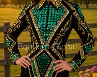 Emerald Green Western Show Jacket – Black Gold Rhinestone Showmanship Shirt (AQHA Horsemanship)