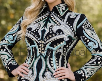 Custom Western Show Jacket- Rhinestone Horsemanship Show Shirt- Black Equestrian Western Pleasure Blazer -Showmanship Rodeo Queen Outfit