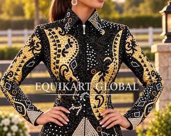 Black Gold Western Show Jacket- Crystal Horse Showmanship Rail Shirt- Women Horsemanship Rodeo Queen Outfit- Custom Equestrian Blouse