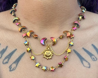 Celestial Sun Moon Stars Choker – Van kleur veranderende Fairycore-ketting – Plastic kralen