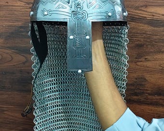 Engraved Steel Viking Helmet with Chainmail | Medieval LARP Armor Replica
