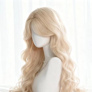 May include: A long, wavy blonde wig displayed on a mannequin head. The wig features a side part with soft, face-framing layers and voluminous curls. The color is a light, warm blonde, and the hair appears soft and flowing.