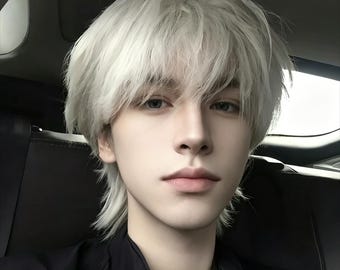 White Wolf Tail Mullet Wig, Heat Resistant Fiber Japanese Short Layered Hairpiece, Cool Stylish Realistic Men Cosplay Wig