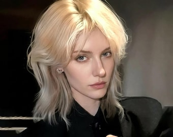 May include: A person with light blonde, layered hair and a black collared shirt. The person has fair skin, blue eyes, and a small earring. The background is dark and out of focus.
