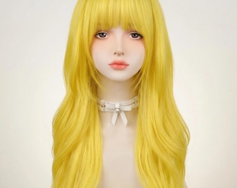 Halloween Zitronengelbe Lange Lockige Perücke, Japanischer Alt Harajuku-Stil, JK Fashion Claw Clip Design, Volle Kopfkappe Synthetische Perücke für Frauen