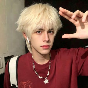Pode incluir: Uma pessoa com cabelo loiro claro e uma camisa de manga comprida bordô. Ele está usando um colar de prata com vários pingentes, incluindo um pingente de estrela. Ele tem um fone de ouvido branco em uma orelha.